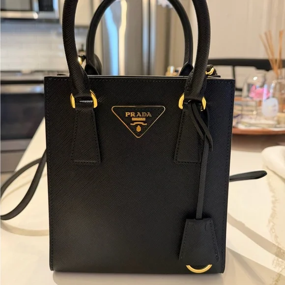 Prada Black Saffiano Leather Vertical Satchel with Gold Hardware - Picture 1 of 8
